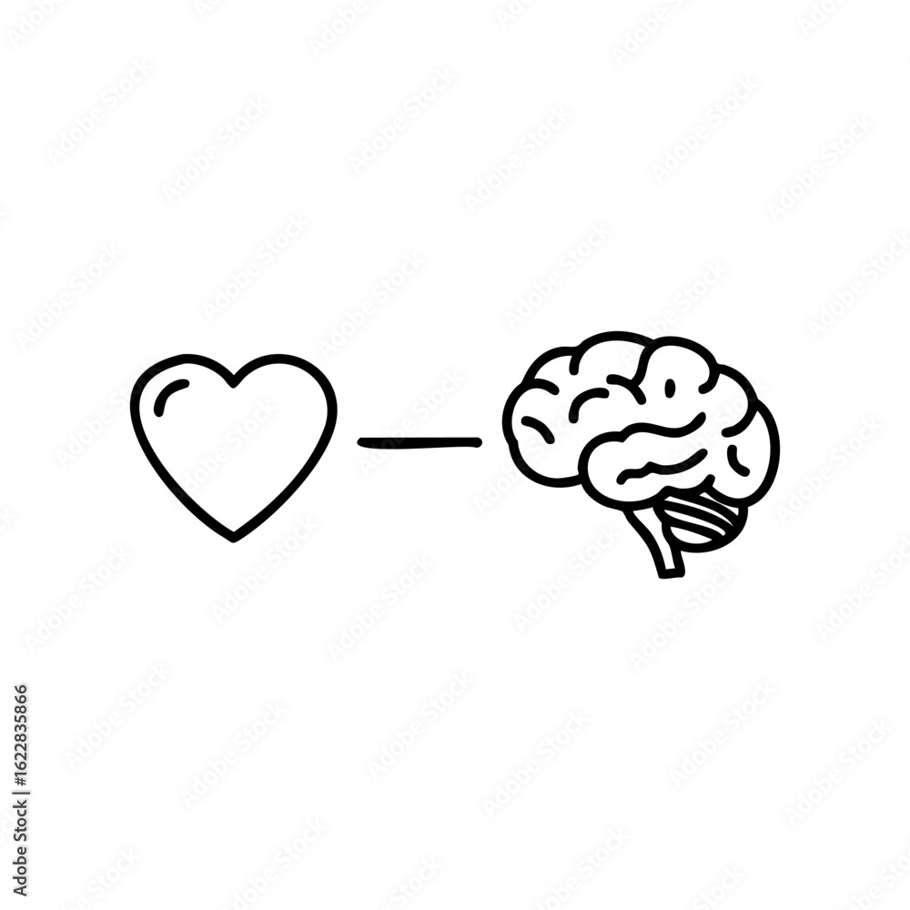 Poster heart and brain line drawing representing emotion and intelligence – stock vector icon in line style