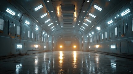 Symmetrical futuristic spaceship interior with glowing lights and reflections