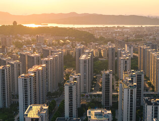 Fototapeta premium Aerial view of urban landscape during sunset. China, Hangzhou.