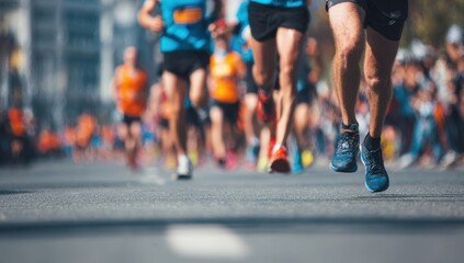 A group of runners compete in a marathon, their legs and feet pounding the pavement with determined strides and energy.