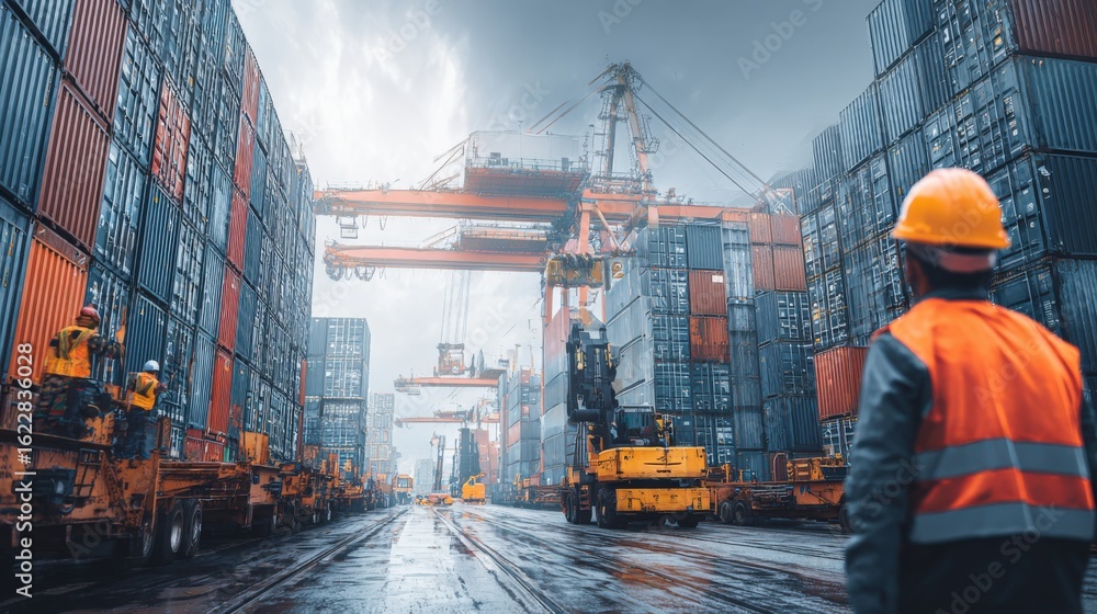 Poster port container terminal operations: logistics workers overseeing efficient cargo handling and global