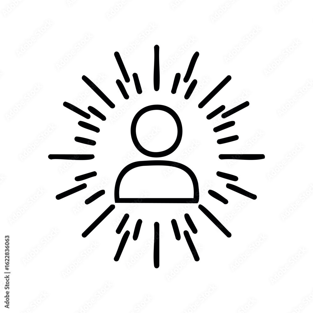 Poster simple icon of person with radiating lines symbolizing energy – stock vector icon in line style