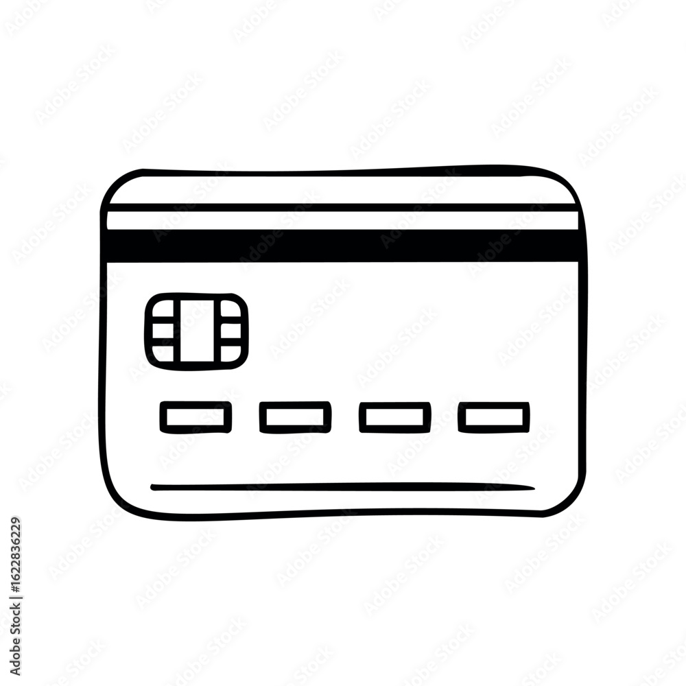 Poster simple outline of credit card with chip and stripe design – stock vector icon in line style