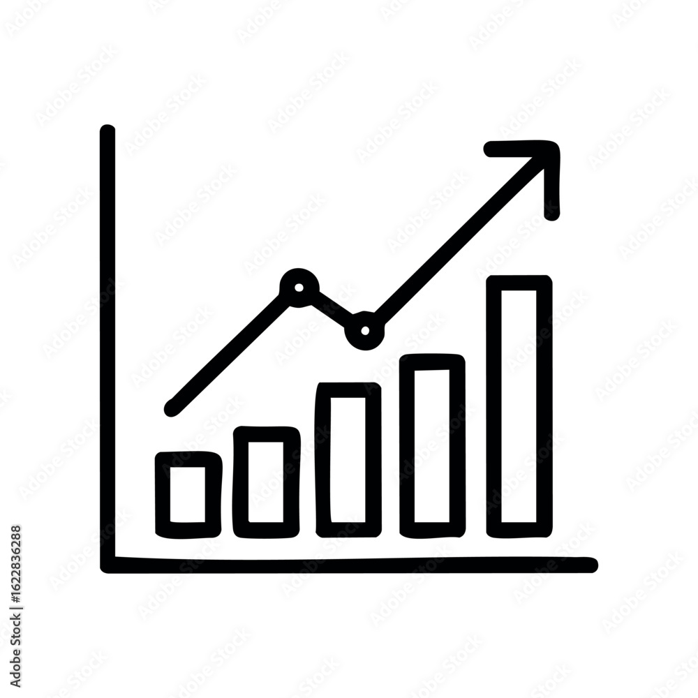 Poster hand-drawn line and bar graph with upward trend arrow – stock vector icon in line style