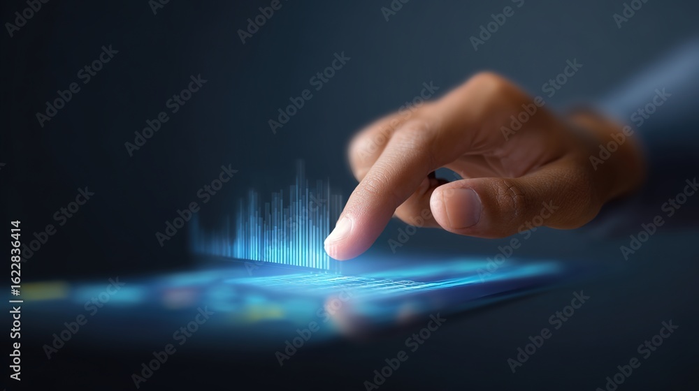 Poster digital interface exploration: a person's finger interacts with a glowing digital interface, hinting
