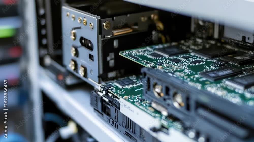Poster close-up view of various electronic components on a circuit board
