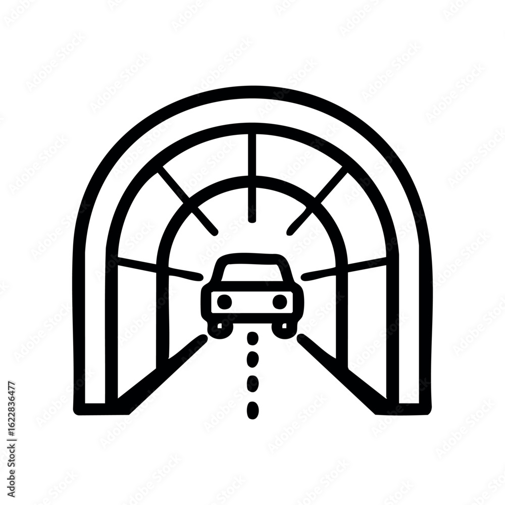 Poster simple black line drawing of car inside tunnel with radiating lines – stock vector icon in line styl