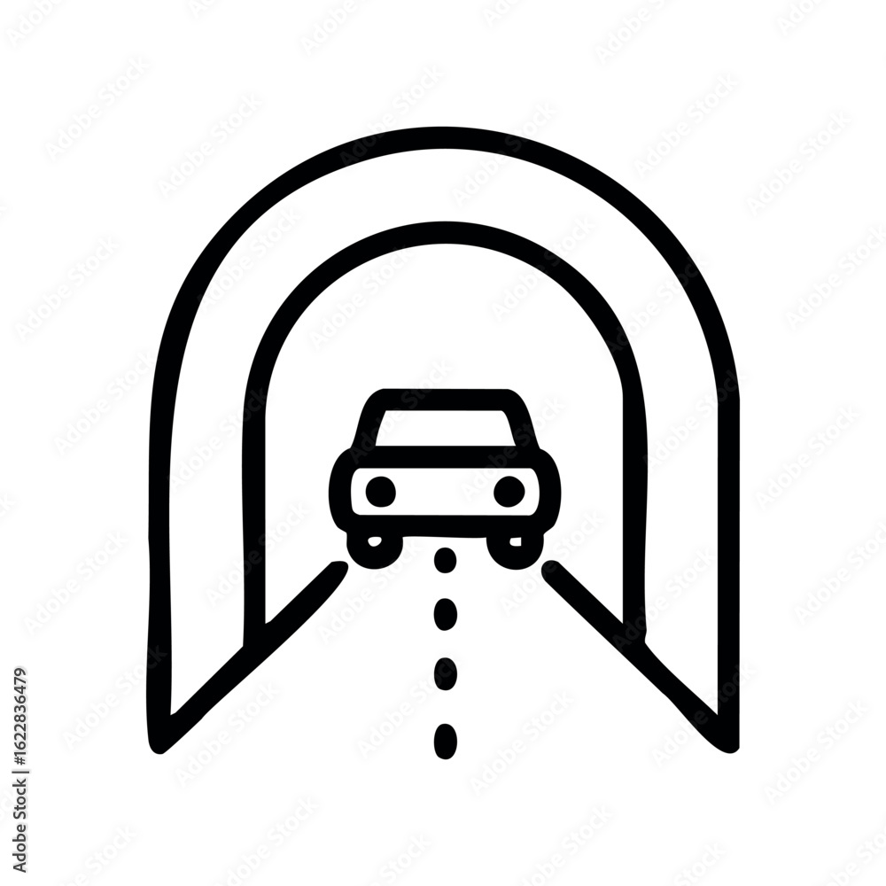 Poster simple line art of a car driving through a tunnel – stock vector icon in line style