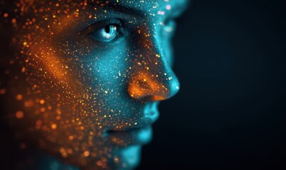 Digital woman portrait with glowing digital particles on the face
