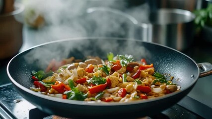 A frying pan filled with food sizzling on top of a stove