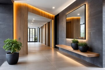 Fototapeta premium Modern hotel lobby interior with wooden walls and warm lighting