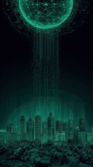 Futuristic Cityscape Illustration with Digital Sphere Above, Representing Connection and Technology in an Urban Environment