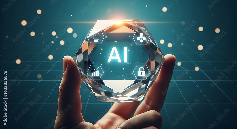 Poster hand holding futuristic ai crystal globe; innovative technology concept; cybersecurity and data anal