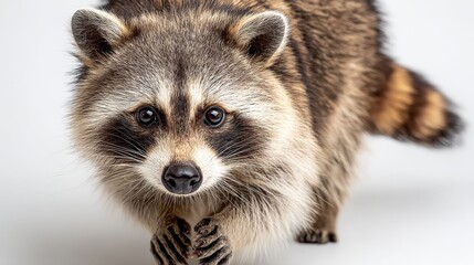 Obraz premium Adorable Raccoon Portrait on White Background: Close-up Studio Shot of a Curious Wild Animal