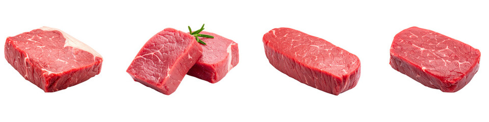 Four raw beef steaks presented on a transparent background.