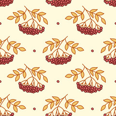 Seamless Pattern with Rowan Berries and Leaves – Hand-Drawn Autumn Botanical Design for Fabric, Wrapping Paper, Stationery, and Seasonal Decor Projects
