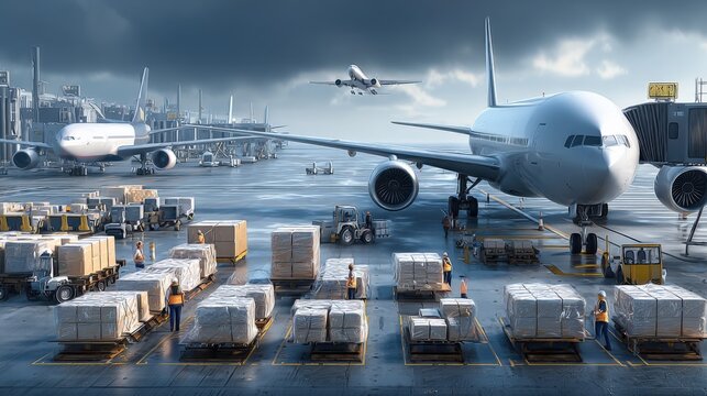 Airport Cargo Handling with Planes and Workers Preparing Freight Shipments for Global Logistics and Distribution