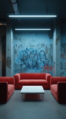Obraz premium Urban Lounge with Red Sofas and Graffiti Art, Modern Interior Design and Creative Space