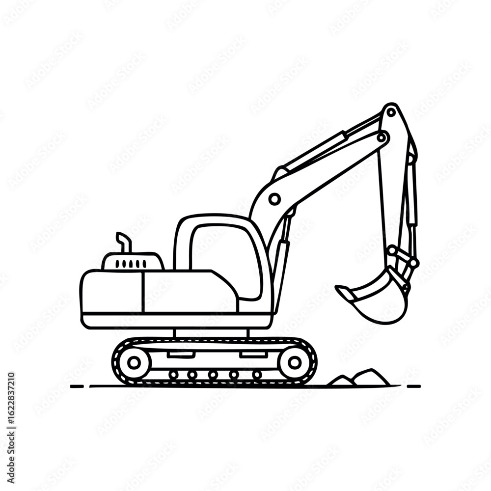 Poster outline drawing of an excavator with extended arm and bucket – stock vector icon in line style
