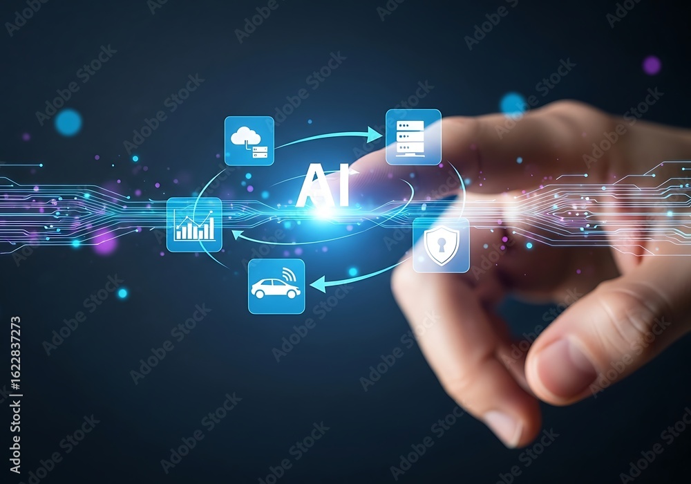 Poster hand interacting with futuristic ai interface; digital security, data analytics, and autonomous vehi