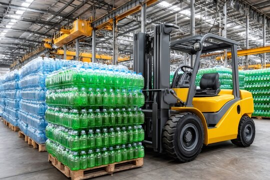 Forklift carrying green plastic bottles in beverage bottling plant