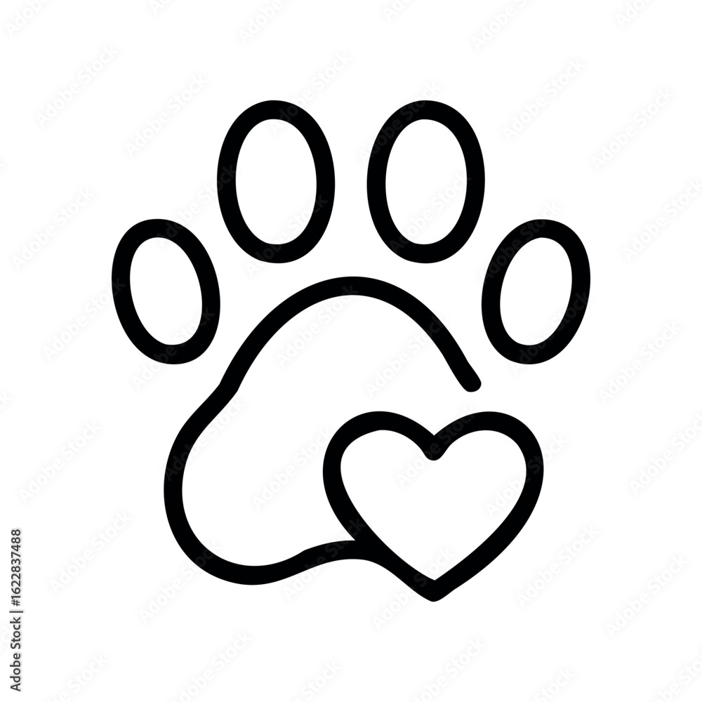 Poster minimalist paw print with heart design for pet lovers – stock vector icon in line style