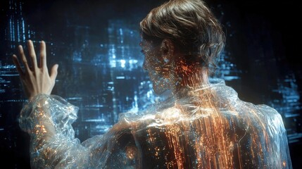 Futuristic Man Interface Interaction: Transparent Garment with Digital Overlays for High-Tech Commercial Use