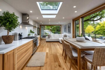 Modern open plan kitchen and dining area with skylights providing natural light