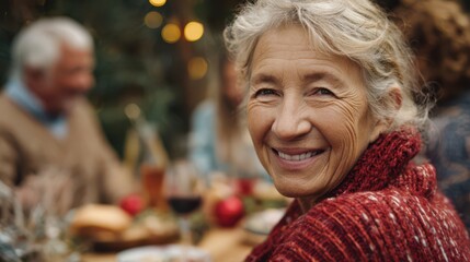 Happy, smiling senior woman sitting with friends and family during a Christmas dinner in nature