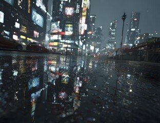 Rainy night cityscape with wet pavement reflecting urban lights

