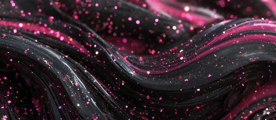 Abstract flowing pink and black waves with glowing particles on a dark background