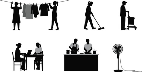 Silhouette vector of daily routine activities, household chores, office work, kitchen cooking, shopping, fan appliance, black white isolated design
