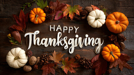Happy Thanksgiving Text with Pumpkins and Autumn Leaves on Dark Wood

