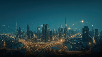 Cityscape with Digital Network Overlay: Modern Urban Connectivity and Futuristic Technology Concept