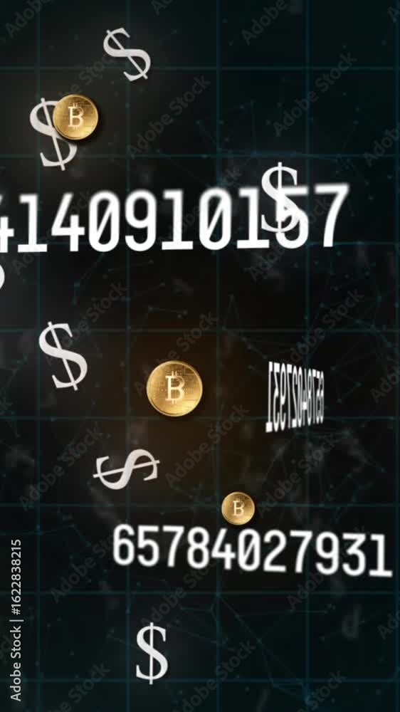 Poster animation of numbers changing and american dollar and bitcoin symbols over grid