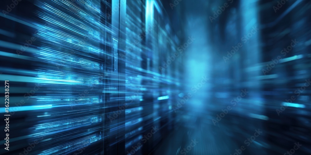 Poster futuristic digital data stream background with abstract lines, binary code, and neon blue glow, perf