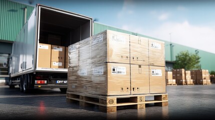 Pallet of Cardboard Boxes Being Loaded into a Delivery Truck for Distribution and Shipping