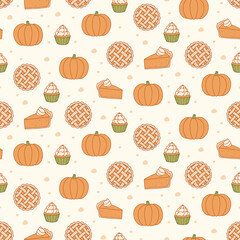 Seamless Fall Pattern with Pumpkin Pie, Cupcake and Whole Squash – Cozy Autumn Dessert Print for Fabric, Packaging, Wall Art and Stationery