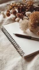 New notebook with pen on table, flat lay composition, close-up view