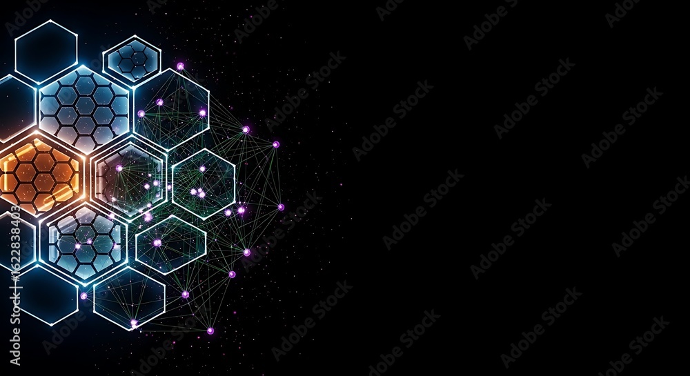 Poster abstract futuristic network: glowing hexagon grid, digital connectivity, modern technology backgroun