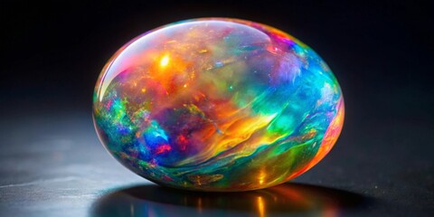 A vibrant sphere of swirling iridescent colors, reminiscent of a celestial body, rests on a dark surface, displaying a captivating play of light and shadow.