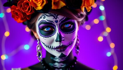 A woman with sugar skull makeup and flower crown against a purple bokeh lights background