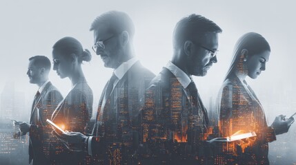 Diverse Business Team Using Mobile Technology with Cityscape Overlay, Demonstrating Modern Communication and Connectivity