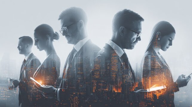 Diverse Business Team Using Mobile Technology with Cityscape Overlay, Demonstrating Modern Communication and Connectivity