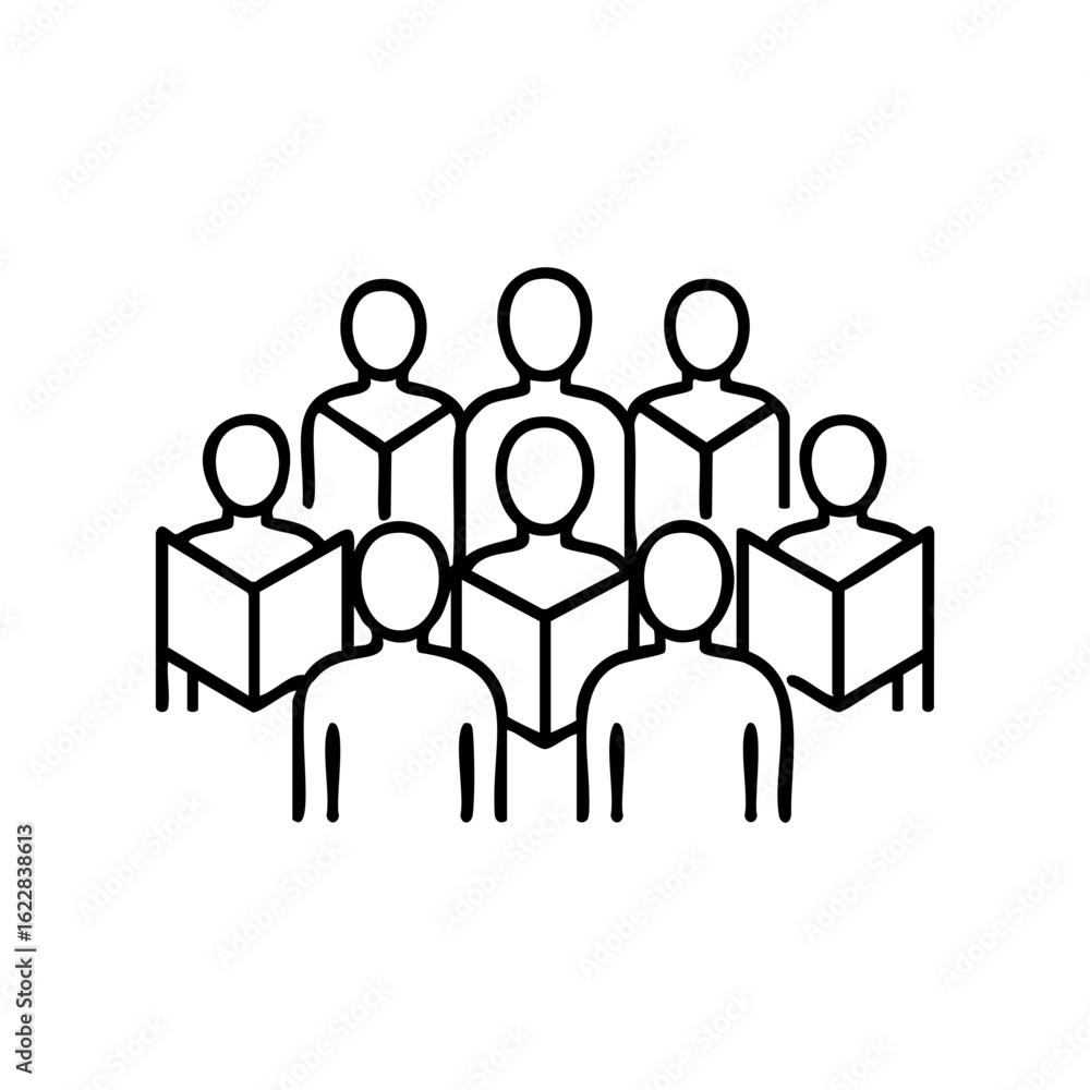 Aufkleber group of people reading books together in simple line art design – stock vector icon in line style