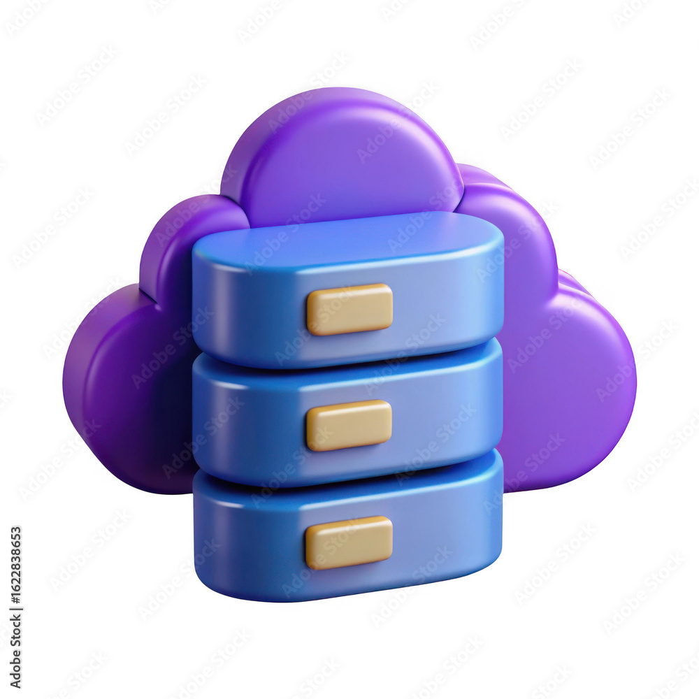 Fototapete 3d rendering of a stylized blue database server stack with purple cloud elements isolated on transpa