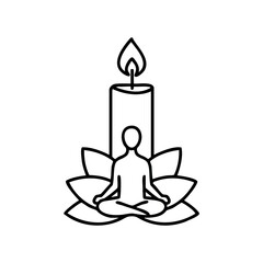 Obraz premium Meditative figure sitting on lotus flower with candle outline drawing – stock vector icon in line style