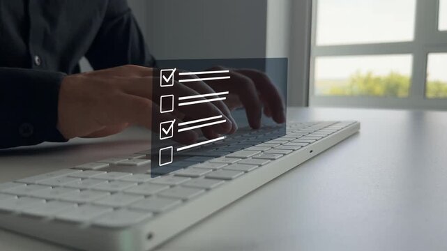 Fast checklist,clipboard task business management.Businessman in laptop doing online data checklist survey. Productivity checklist and filling survey form online. 