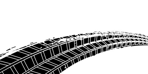 Tire tread marks, wheel textures, tire marks - car racing, motocross, drift, rally, off-road and others. Vector black isolated texture in grunge style with splashes.eps10