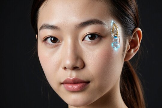 Futuristic beauty portrait of an Asian woman with a glowing cybernetic facial implant - Powered by Adobe
